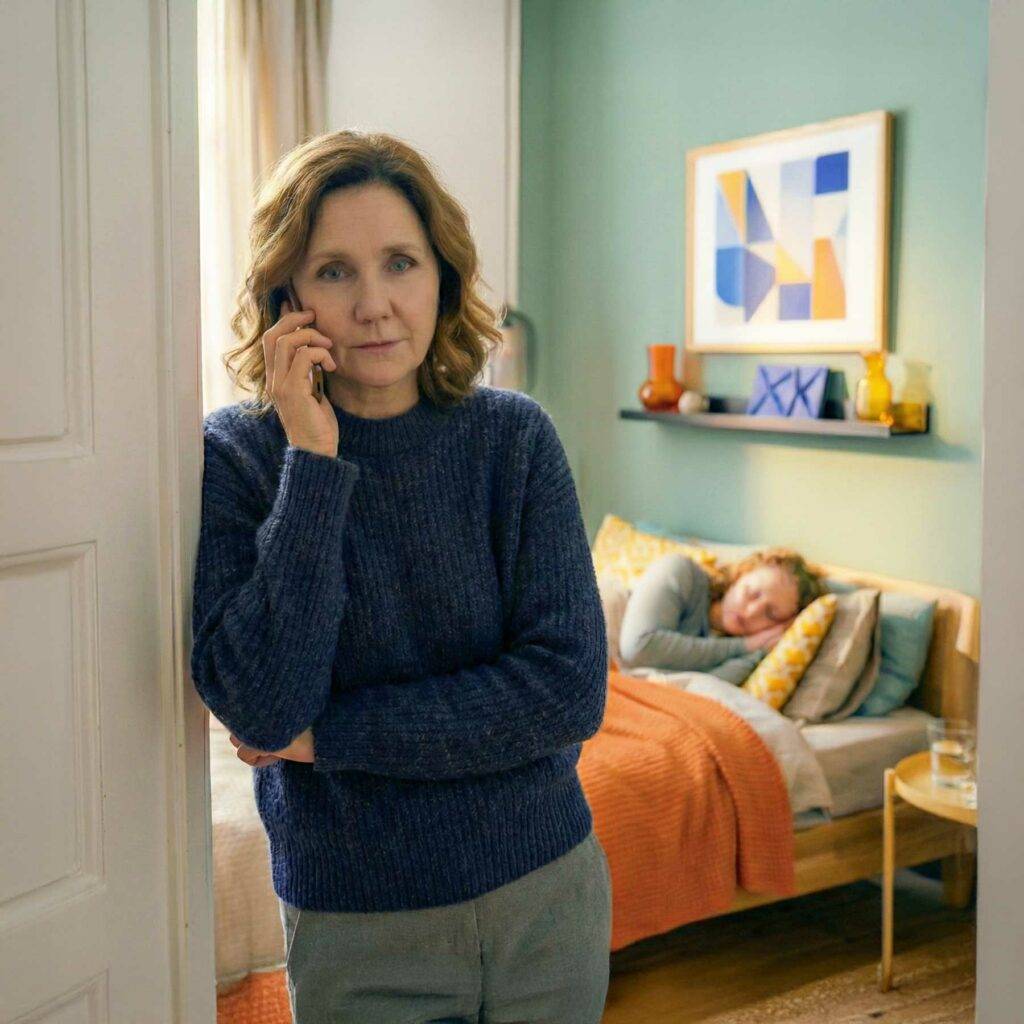 Eine Frau telefoniert, um eine Krankmeldung zu übermitteln – Krankmeldungen der 25. Oberschule Dresden einfach einreichen.