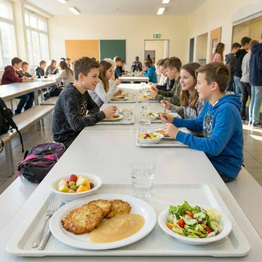 Schüler genießen gesundes Mittagessen in der Mensa der 25. Oberschule Dresden – frische und ausgewogene Mahlzeiten erleben.