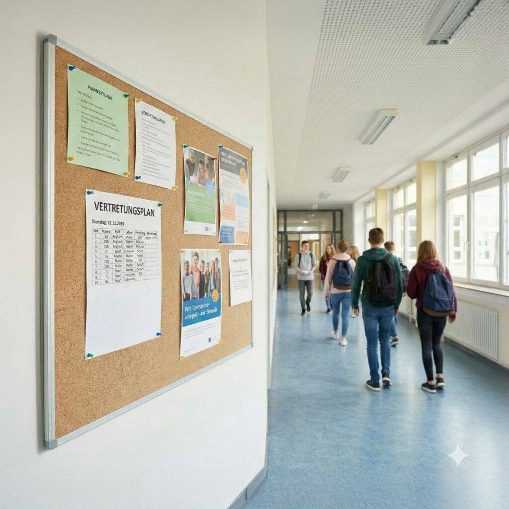 Infoboard im Schulflur zeigt den aktuellen Vertretungsplan – Schüler der 25. Oberschule Dresden können ihn auch online sehen.